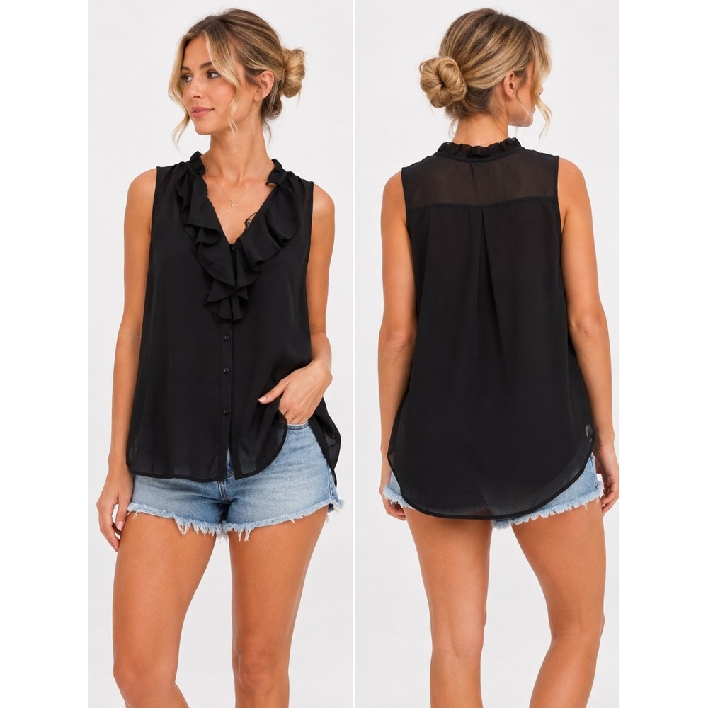 Mossimo Blouse Women Medium Black Ruffle V-Neck Sleeveless Sheer Romantic Chic